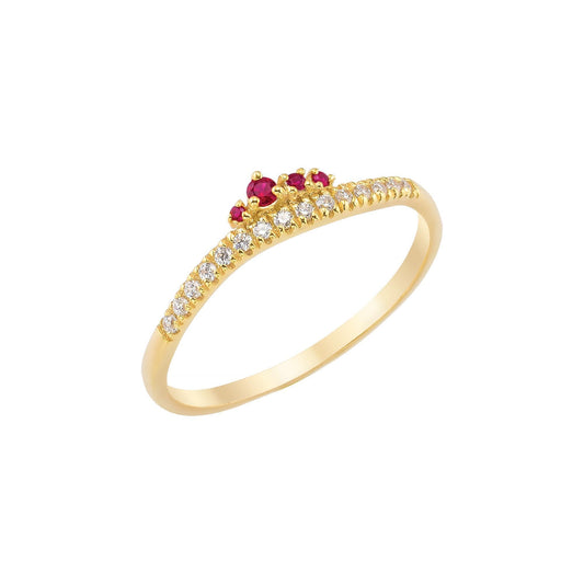 14K Solid Gold Crown Cluster Ruby Curved Ring, Minimal Stackable Crown Chevron Band