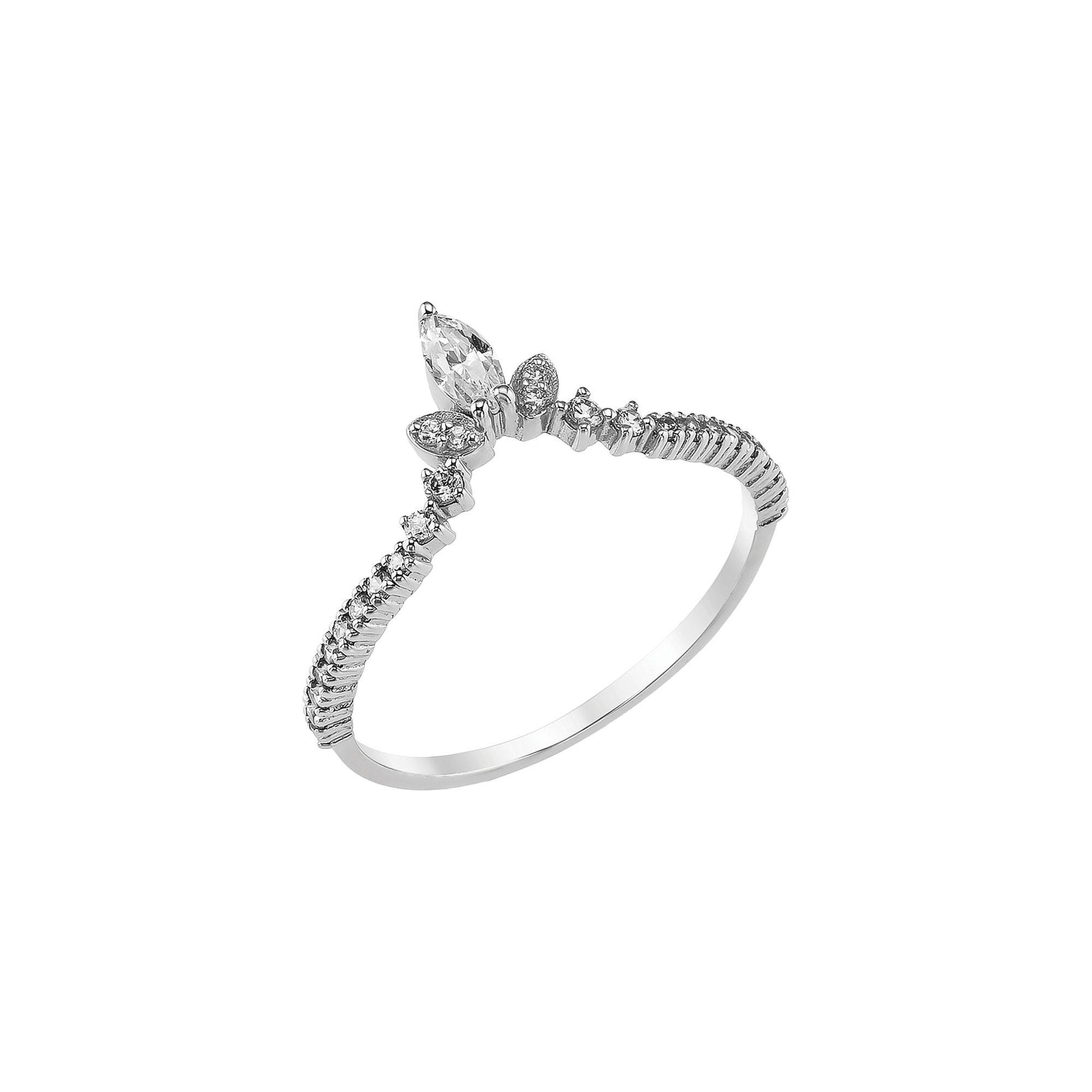 A silver ring with a large central stone and smaller stones surrounding it.