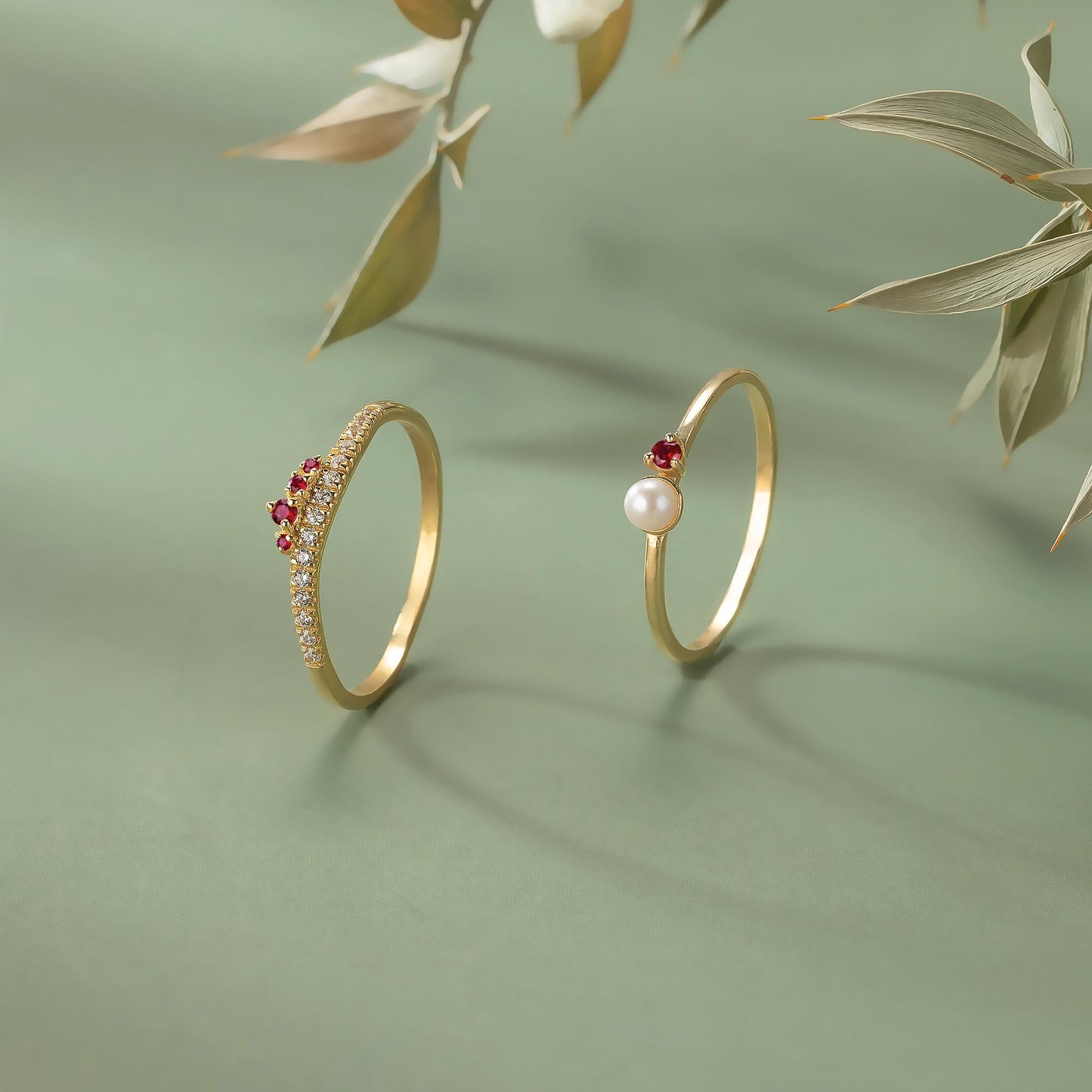 14K Solid Gold Crown Cluster Ruby Curved Ring, Minimal Stackable Crown Chevron Band