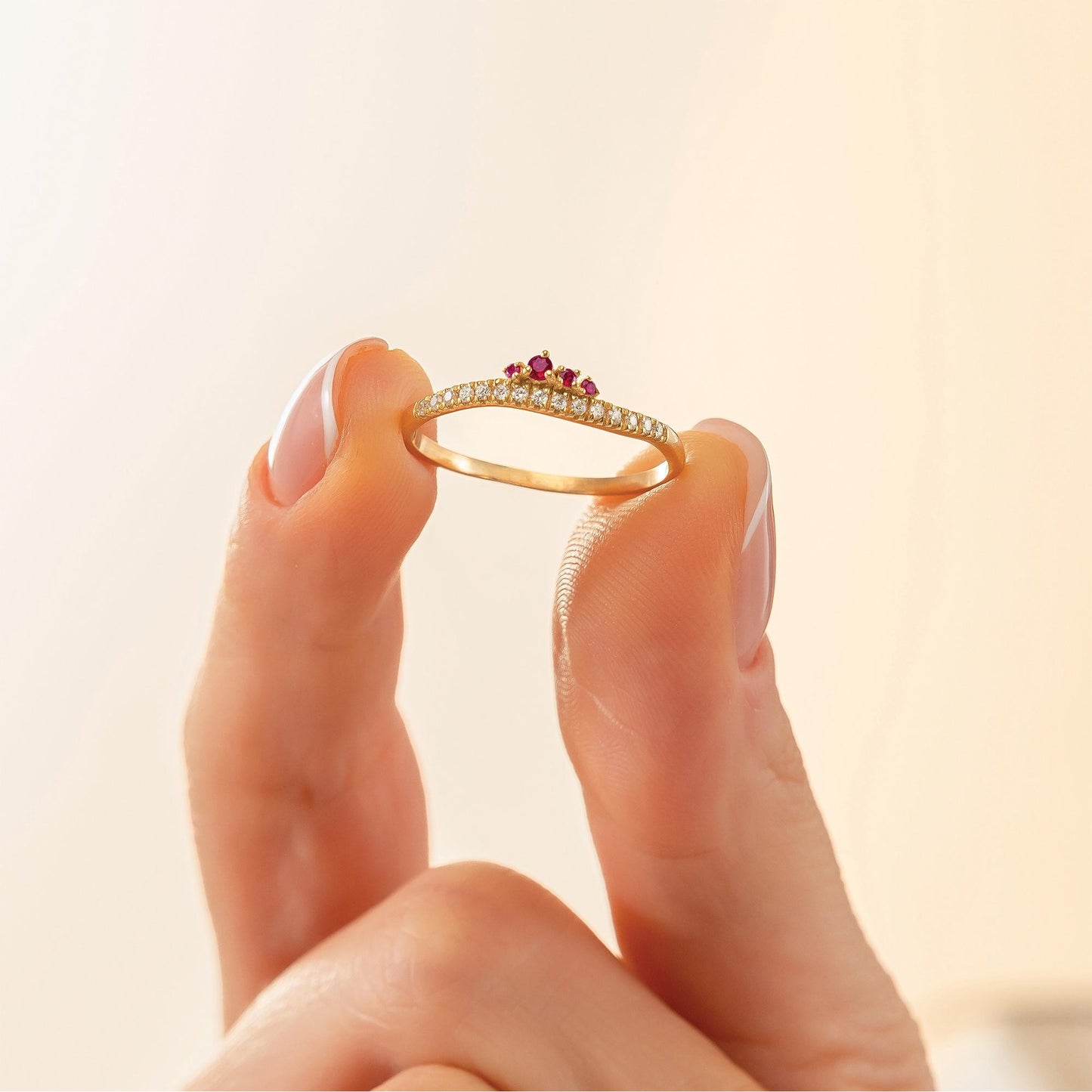 14K Solid Gold Crown Cluster Ruby Curved Ring, Minimal Stackable Crown Chevron Band