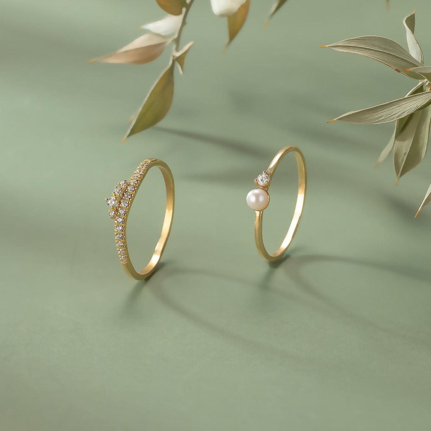 14K Solid Gold Pearl Ring with Tiny Diamond Accent, Dainty Minimalist Stacking Jewelry