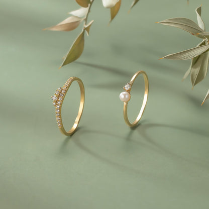 14K Solid Gold Pearl Ring with Tiny Diamond Accent, Dainty Minimalist Stacking Jewelry