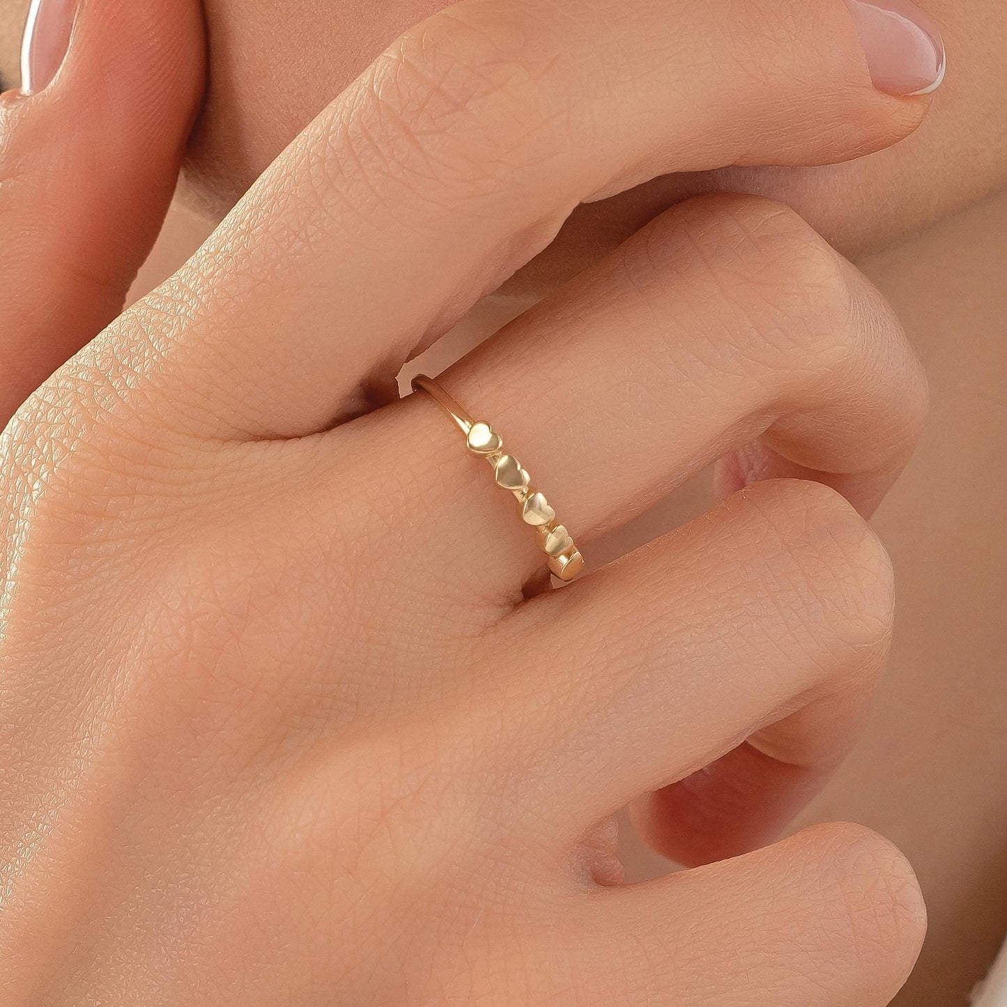 Dainty Heart Band Ring in 14K Solid Gold, Minimal Stackable Ring, Love Motif Jewelry