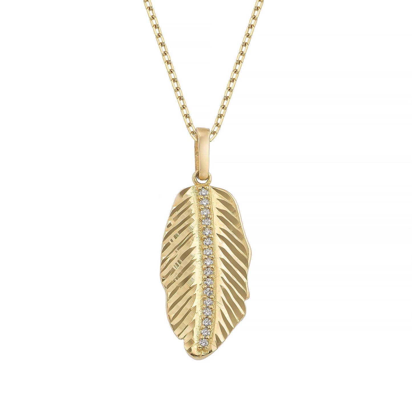 A gold-colored necklace with a pendant in the shape of a leaf and small diamonds along the bottom edge.