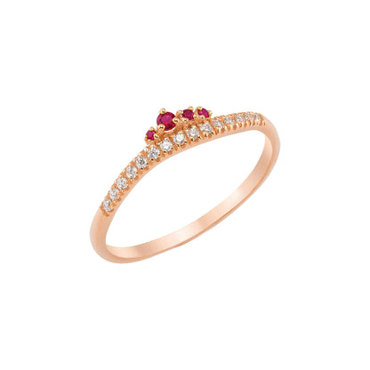 14K Solid Gold Crown Cluster Ruby Curved Ring, Minimal Stackable Crown Chevron Band