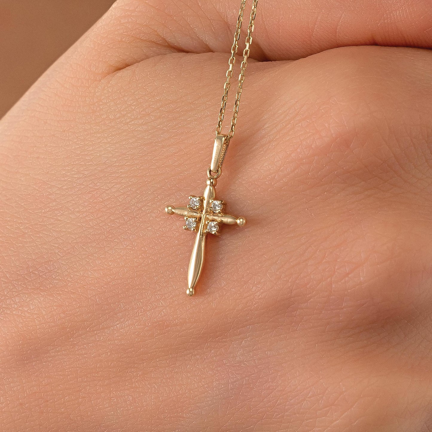 14K Solid Gold Puffy Cross Pendant, Minimalist Layering Necklace, Faith Jewelry