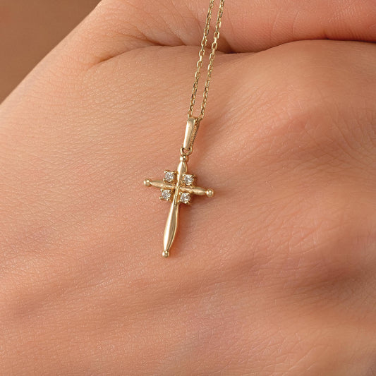 14K Solid Gold Puffy Cross Pendant, Minimalist Layering Necklace, Faith Jewelry