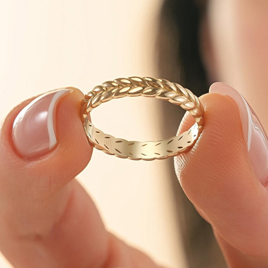 14k Solid Wheat Leaf Wedding Band, Nature-Inspired Dainty Floral Texture Ring, Minimalist Stackable Jewelry