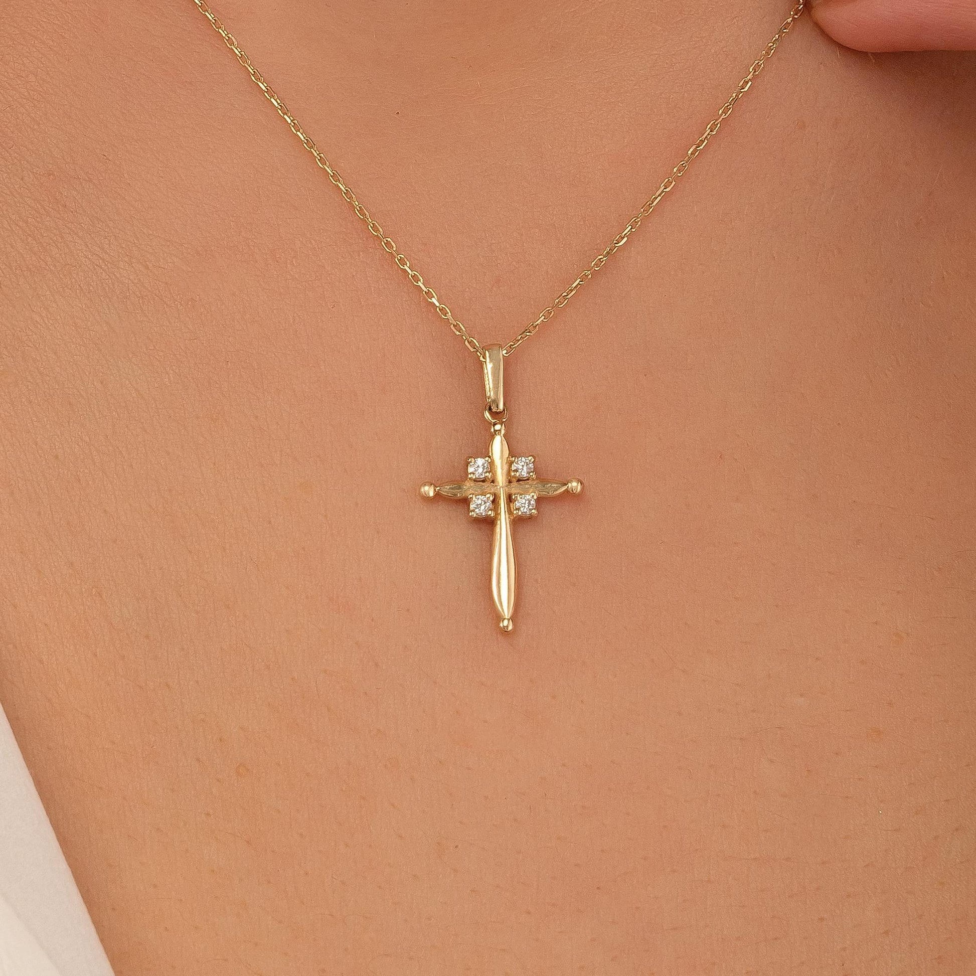 14K Solid Gold Puffy Cross Pendant, Minimalist Layering Necklace, Faith Jewelry