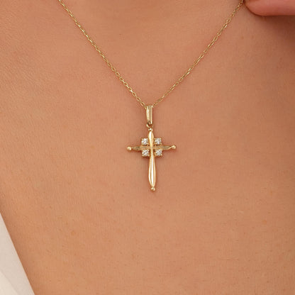 14K Solid Gold Puffy Cross Pendant, Minimalist Layering Necklace, Faith Jewelry
