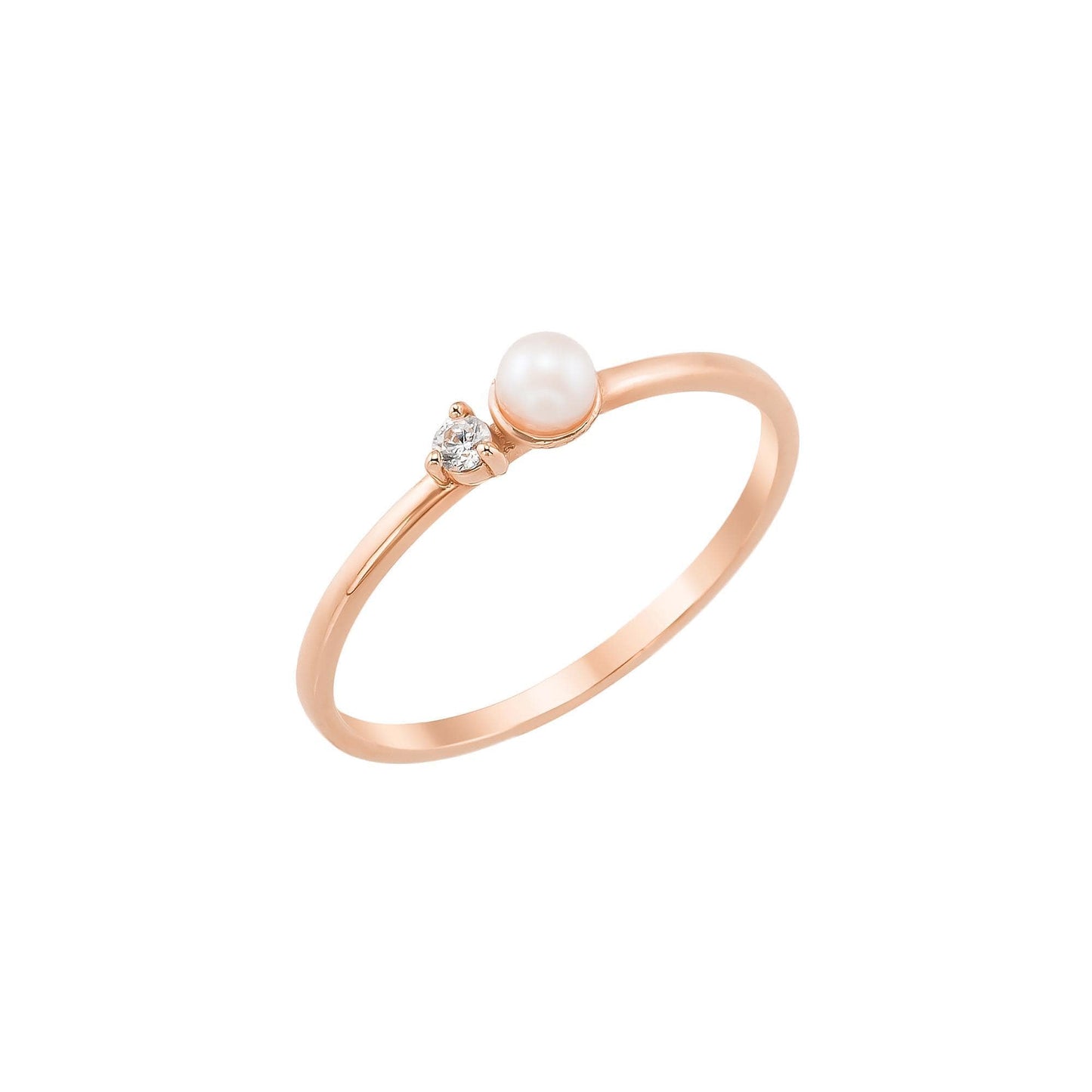 14K Solid Gold Pearl Ring with Tiny Diamond Accent, Dainty Minimalist Stacking Jewelry