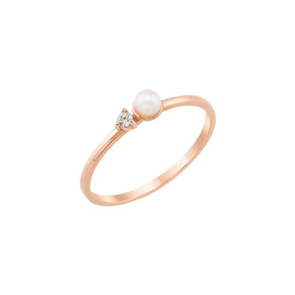14K Solid Gold Pearl Ring with Tiny Diamond Accent, Dainty Minimalist Stacking Jewelry