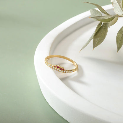 14K Solid Gold Crown Cluster Ruby Curved Ring, Minimal Stackable Crown Chevron Band
