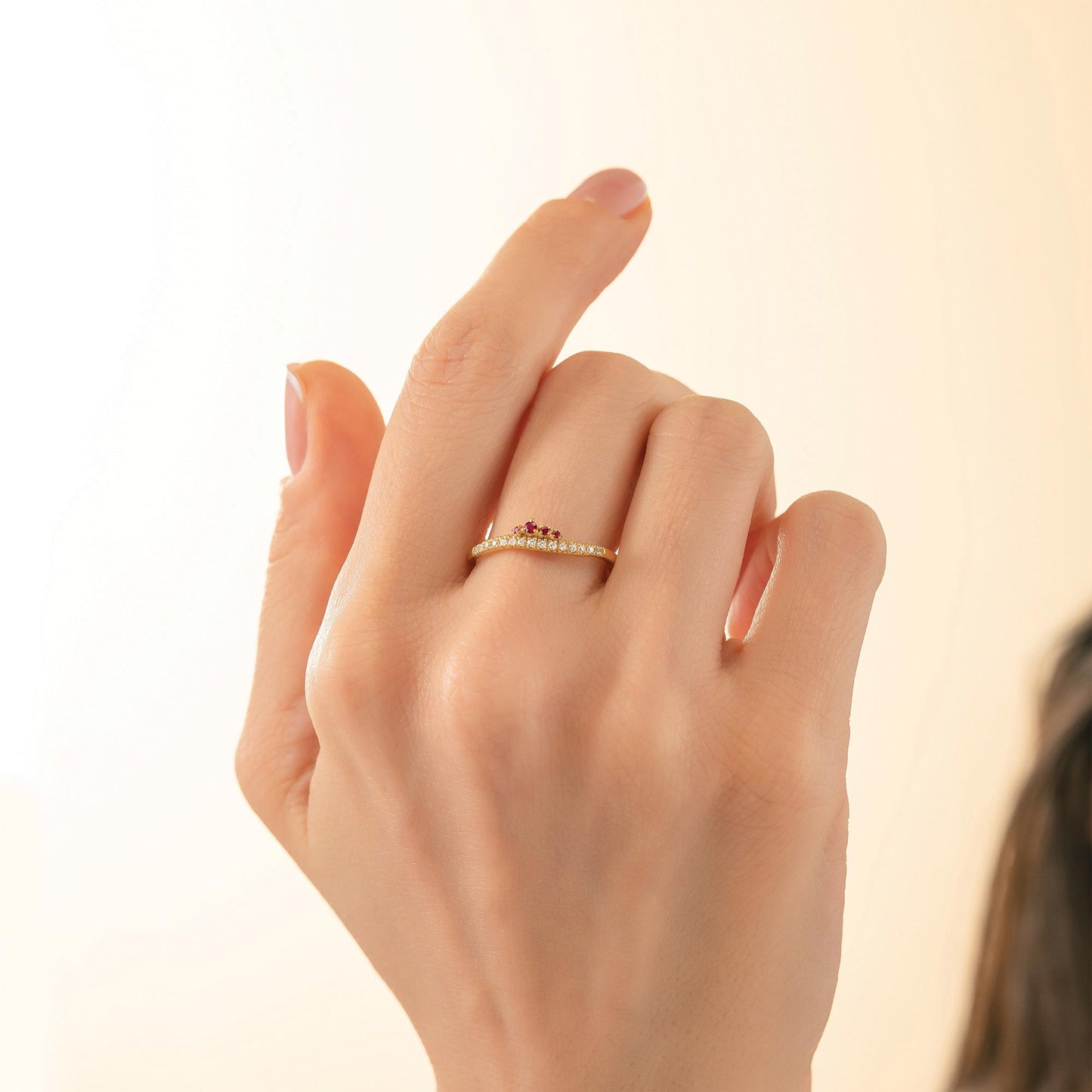 14K Solid Gold Crown Cluster Ruby Curved Ring, Minimal Stackable Crown Chevron Band