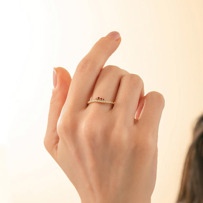 14K Solid Gold Crown Cluster Ruby Curved Ring, Minimal Stackable Crown Chevron Band
