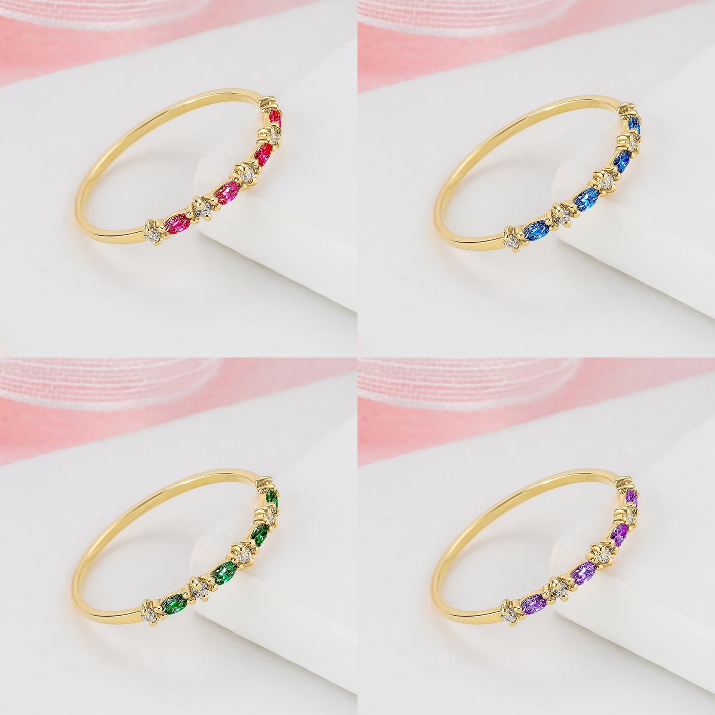 The image is a collage of four photos showing different gold rings with gemstones. The rings are arranged in a square grid pattern, with each ring displaying a unique combination of gemstones.