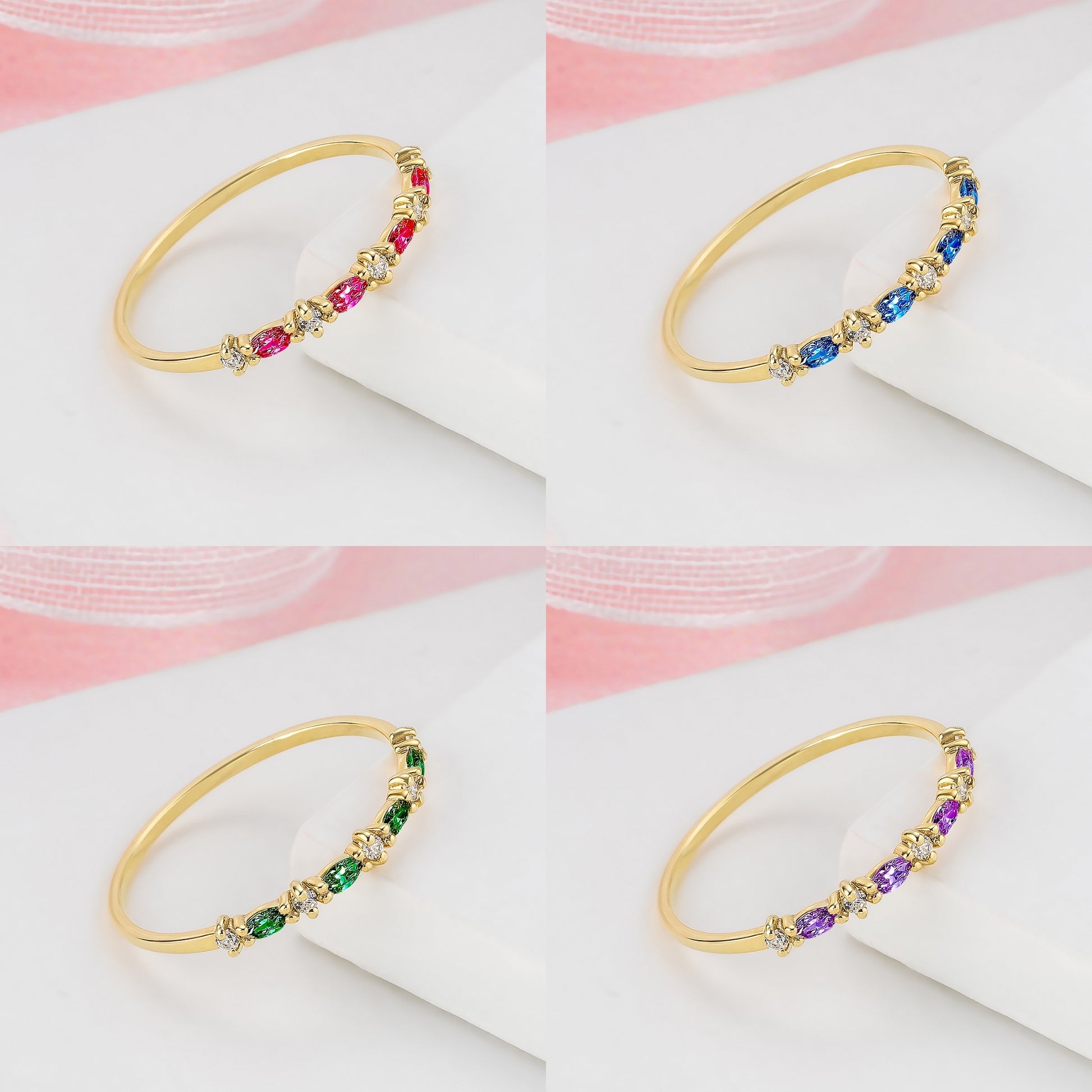 The image is a collage of four photos showing different gold rings with gemstones. The rings are arranged in a square grid pattern, with each ring displaying a unique combination of gemstones.