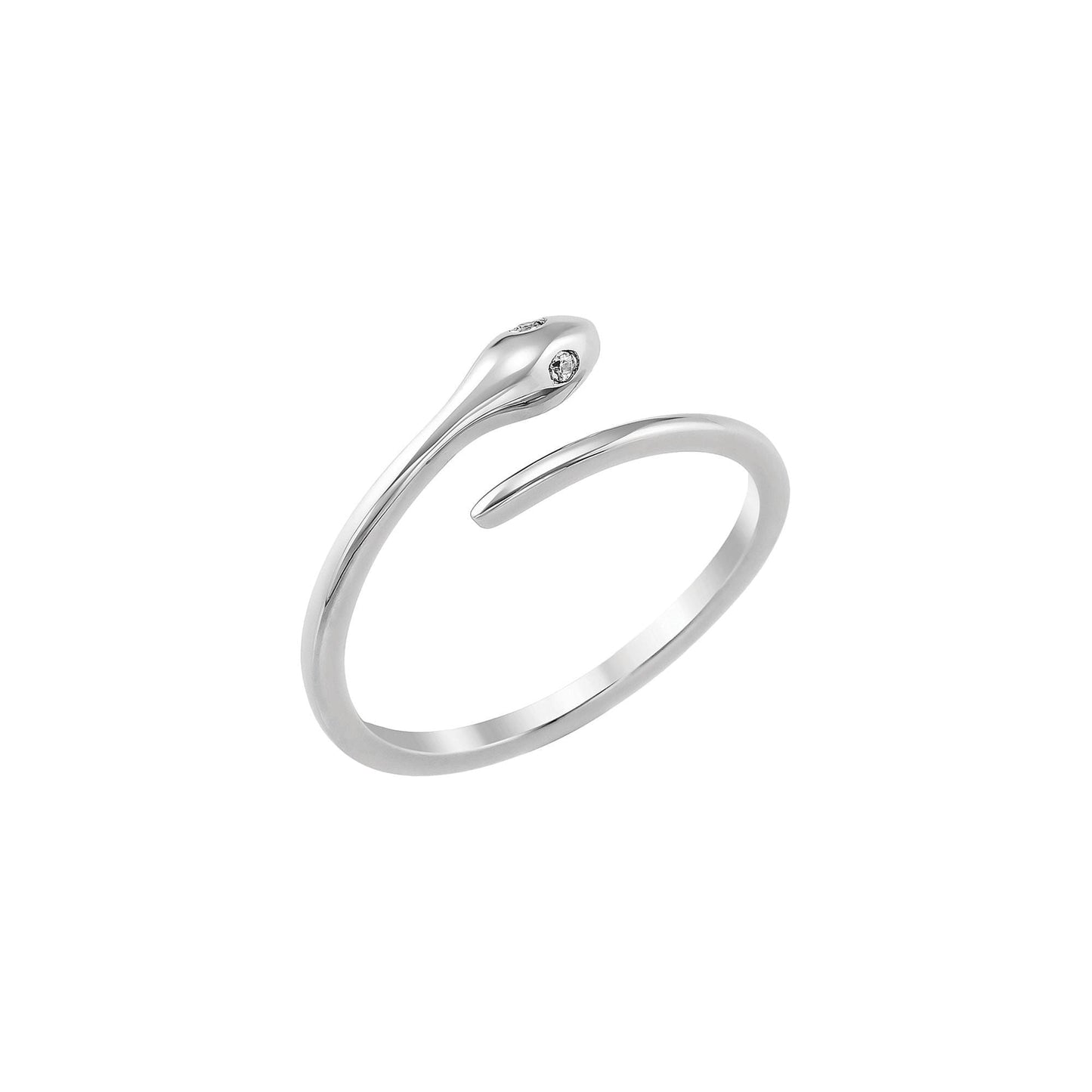 A silver ring with a snake-like design and a small gemstone.