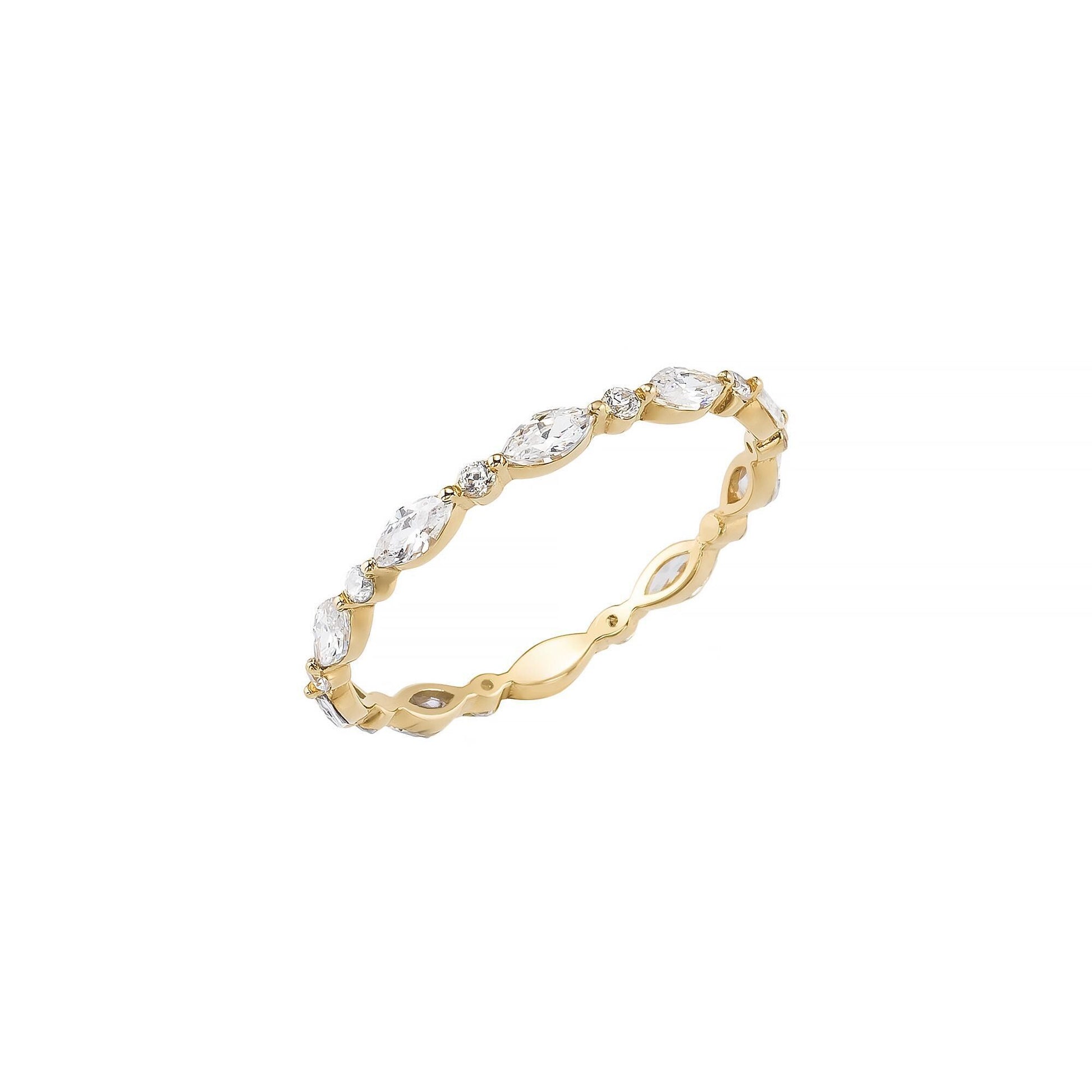 A gold ring with a row of small diamonds set in the band.