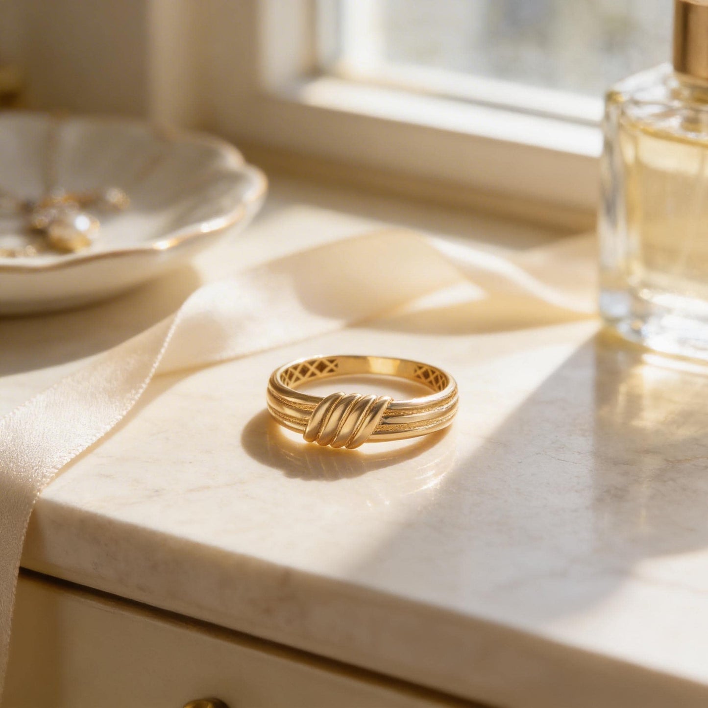 a gold ring with a twisted band, placed on a marble countertop next to a perfume bottle.