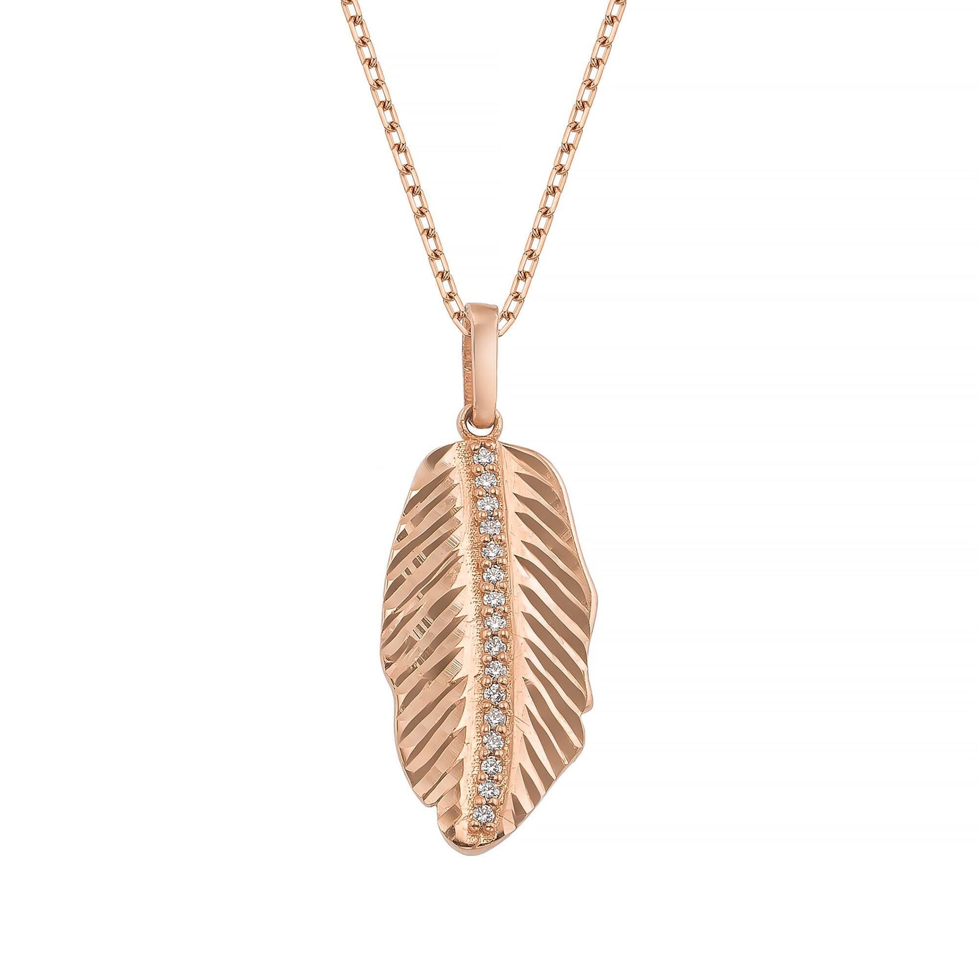 A delicate rose gold necklace with a pendant featuring a detailed feather design and small diamonds.