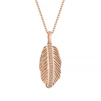 A delicate rose gold necklace with a pendant featuring a detailed feather design and small diamonds.