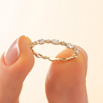Marquise & Round Eternity Wedding Band, Dainty Stacking Ring in 14K Solid Gold, Bold Match