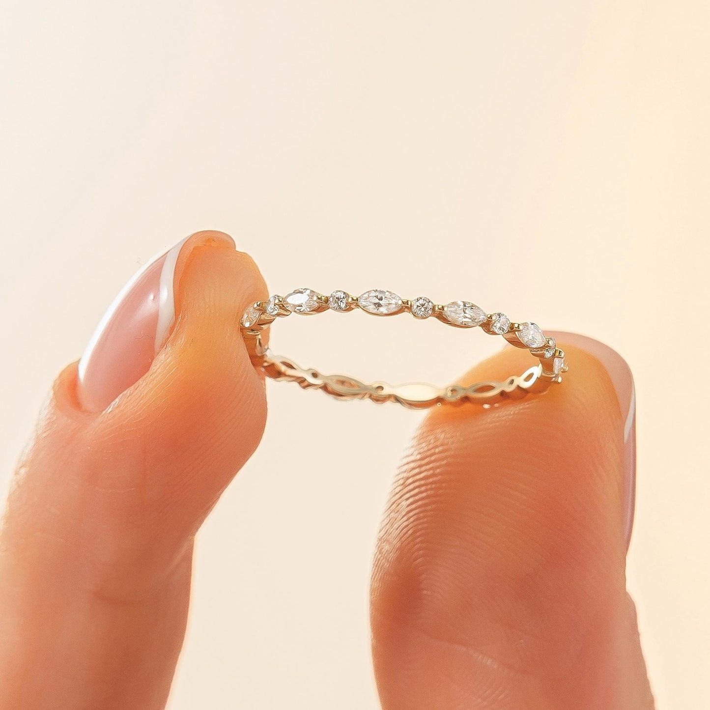 Marquise & Round Eternity Wedding Band, Dainty Stacking Ring in 14K Solid Gold, Dainty Match