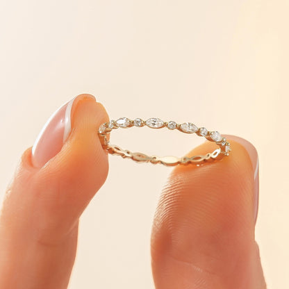 Marquise & Round Eternity Wedding Band, Dainty Stacking Ring in 14K Solid Gold, Dainty Match