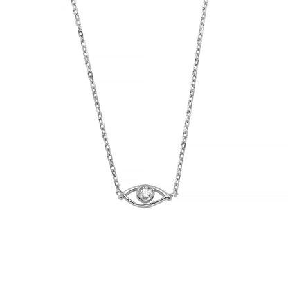 A silver necklace with a pendant featuring a diamond eye design.