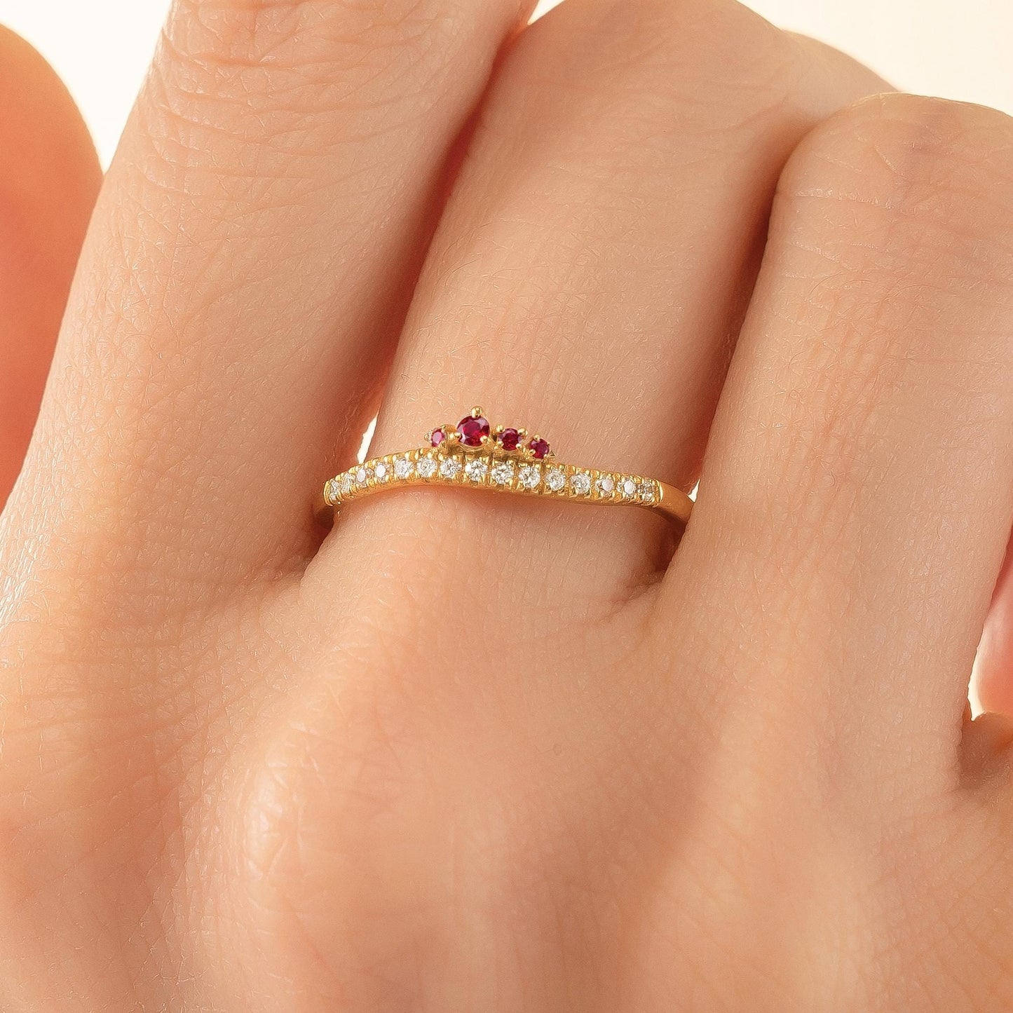 14K Solid Gold Crown Cluster Ruby Curved Ring, Minimal Stackable Crown Chevron Band