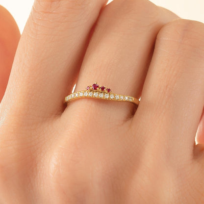 14K Solid Gold Crown Cluster Ruby Curved Ring, Minimal Stackable Crown Chevron Band