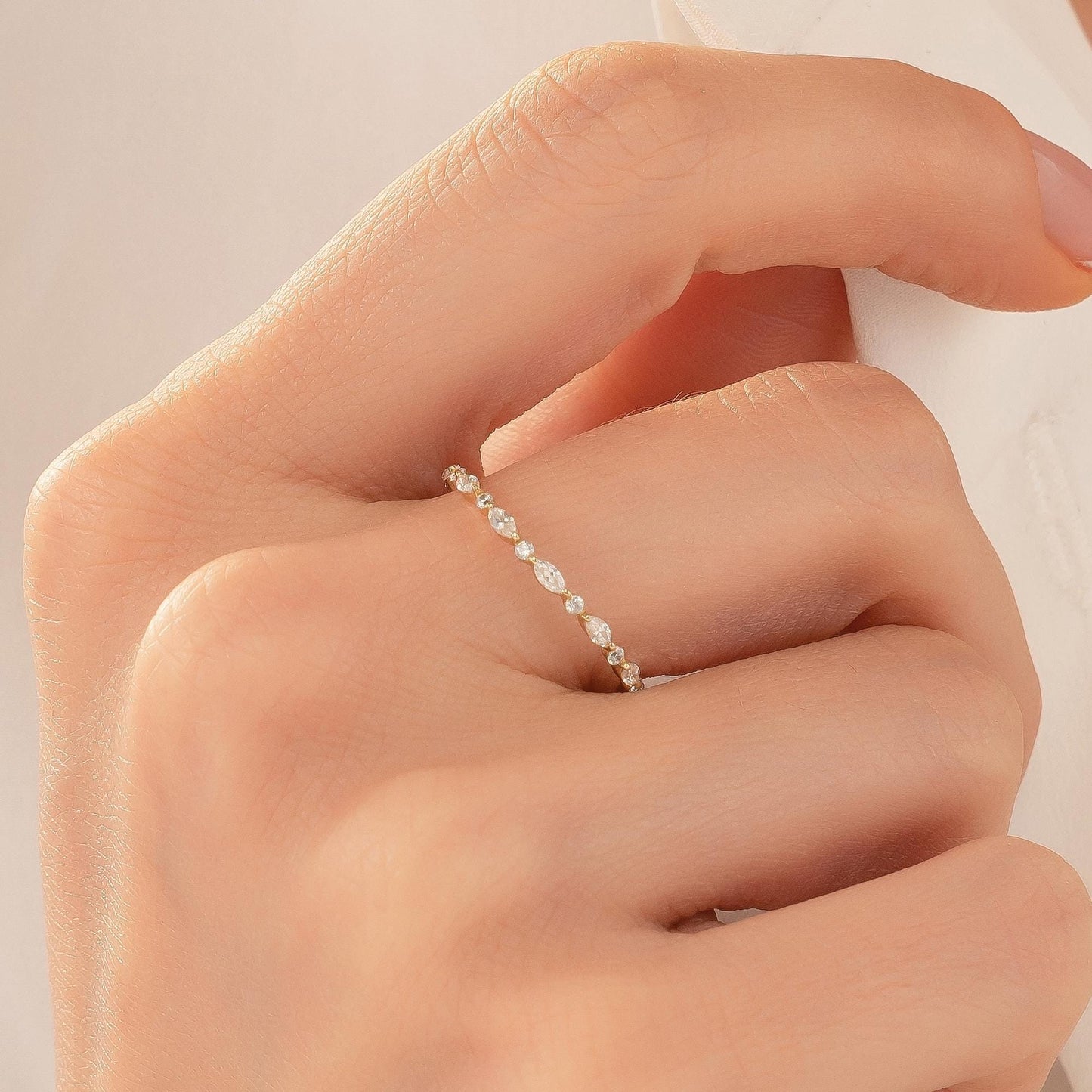 Marquise & Round Eternity Wedding Band, Dainty Stacking Ring in 14K Solid Gold, Dainty Match