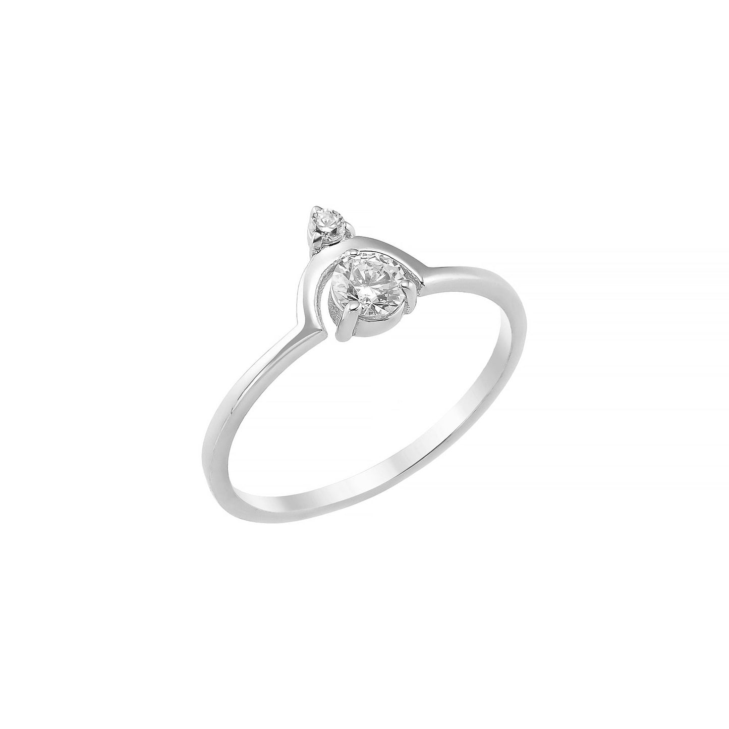 A silver ring with a large central diamond and two smaller diamonds on either side.