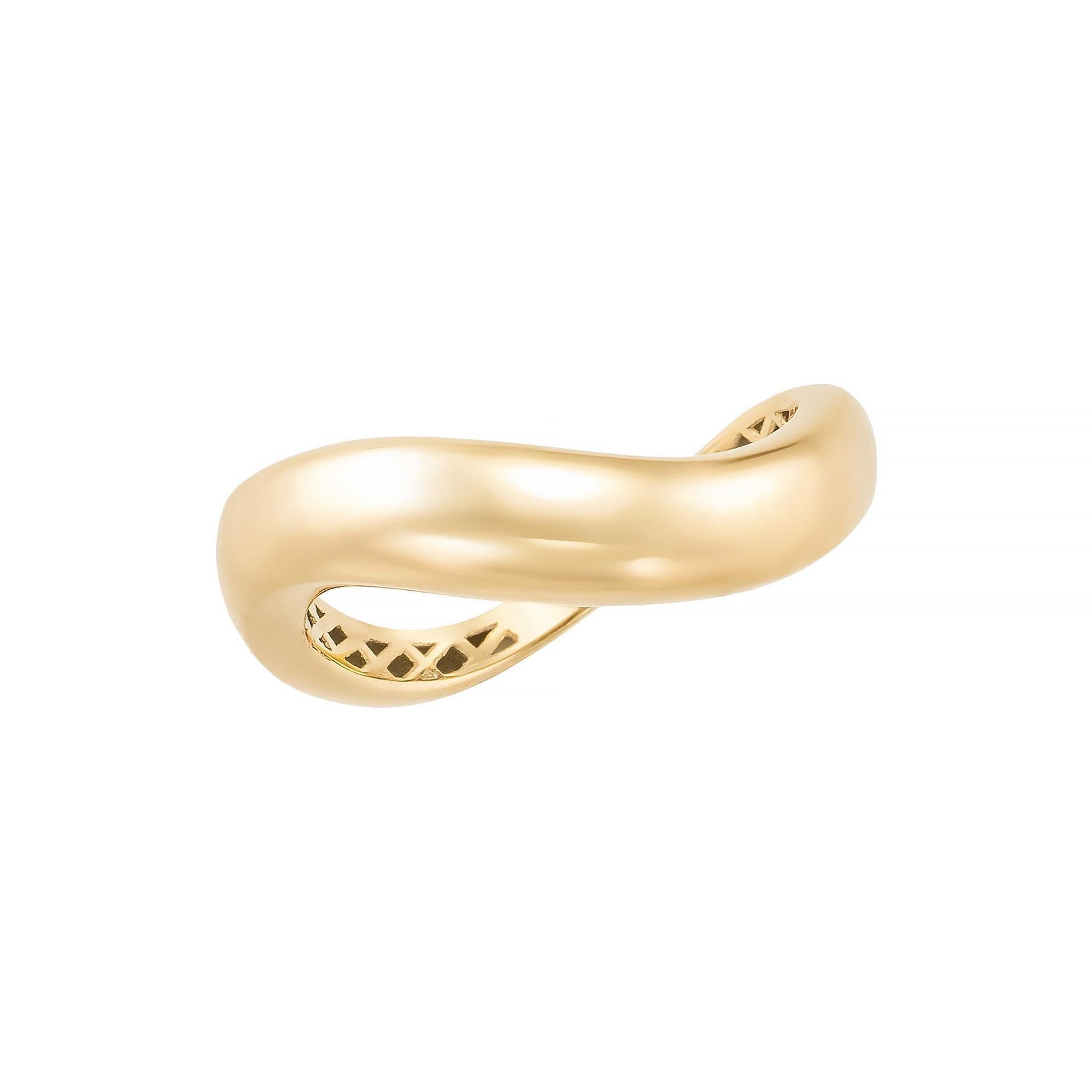 A gold ring with a curved, twisted design.