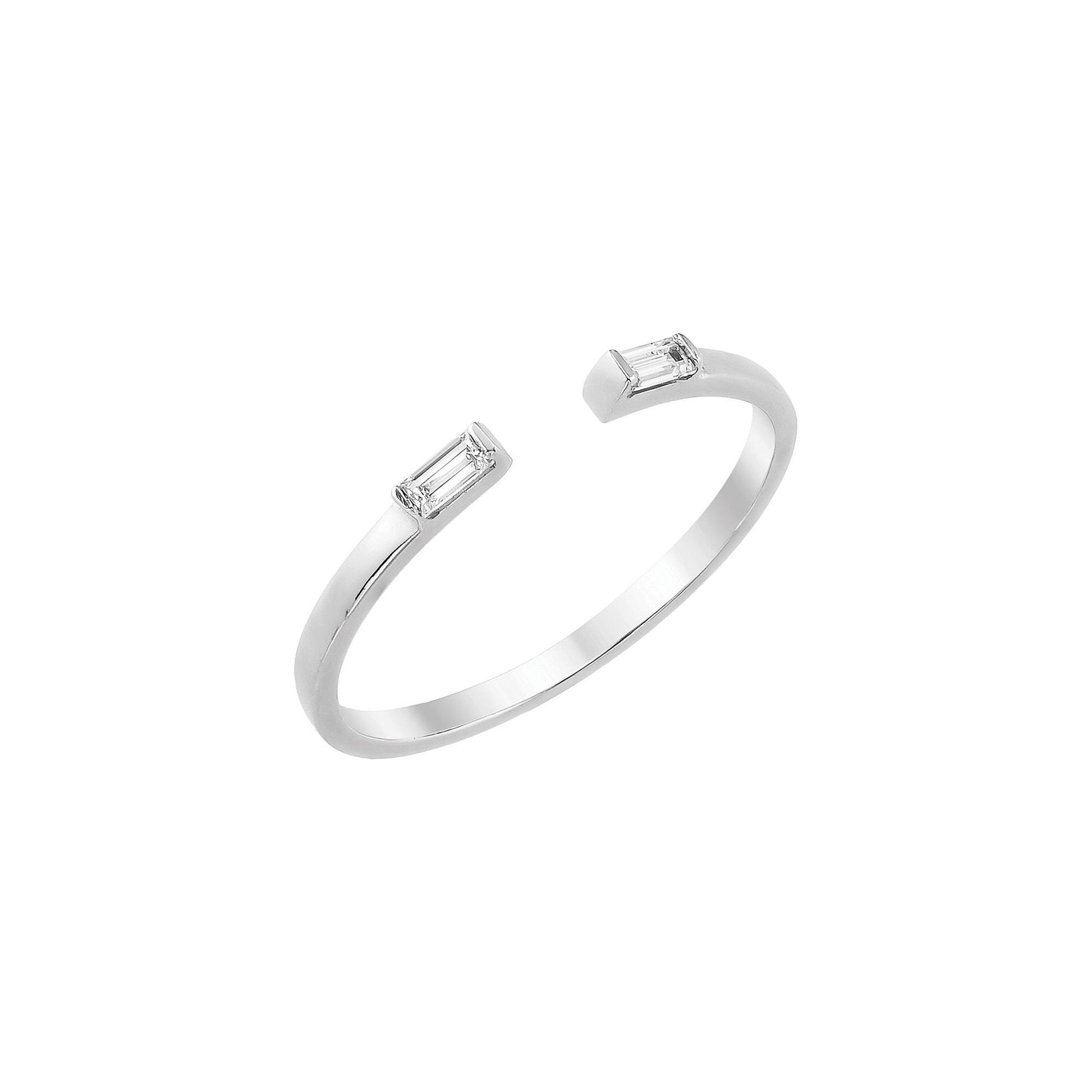 A silver ring with two rectangular-shaped gemstones on either side of a central band.
