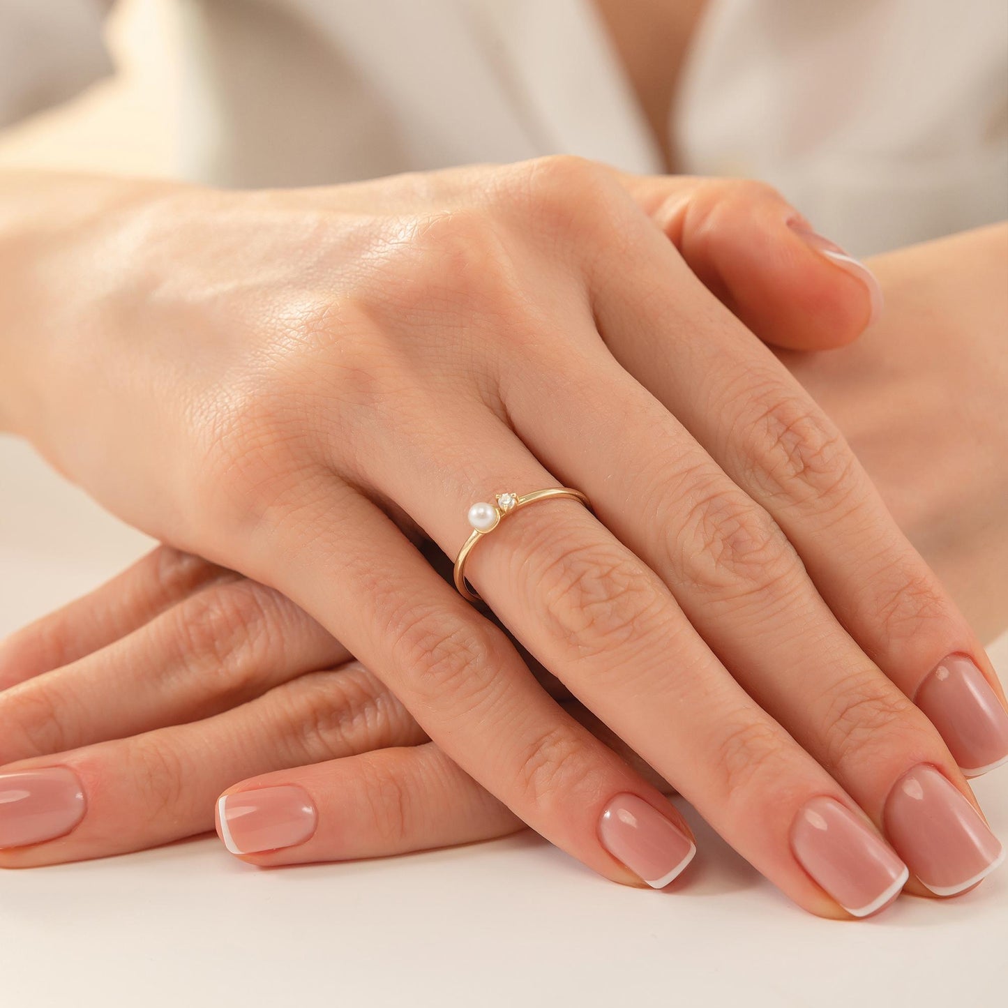 14K Solid Gold Pearl Ring with Tiny Diamond Accent, Dainty Minimalist Stacking Jewelry