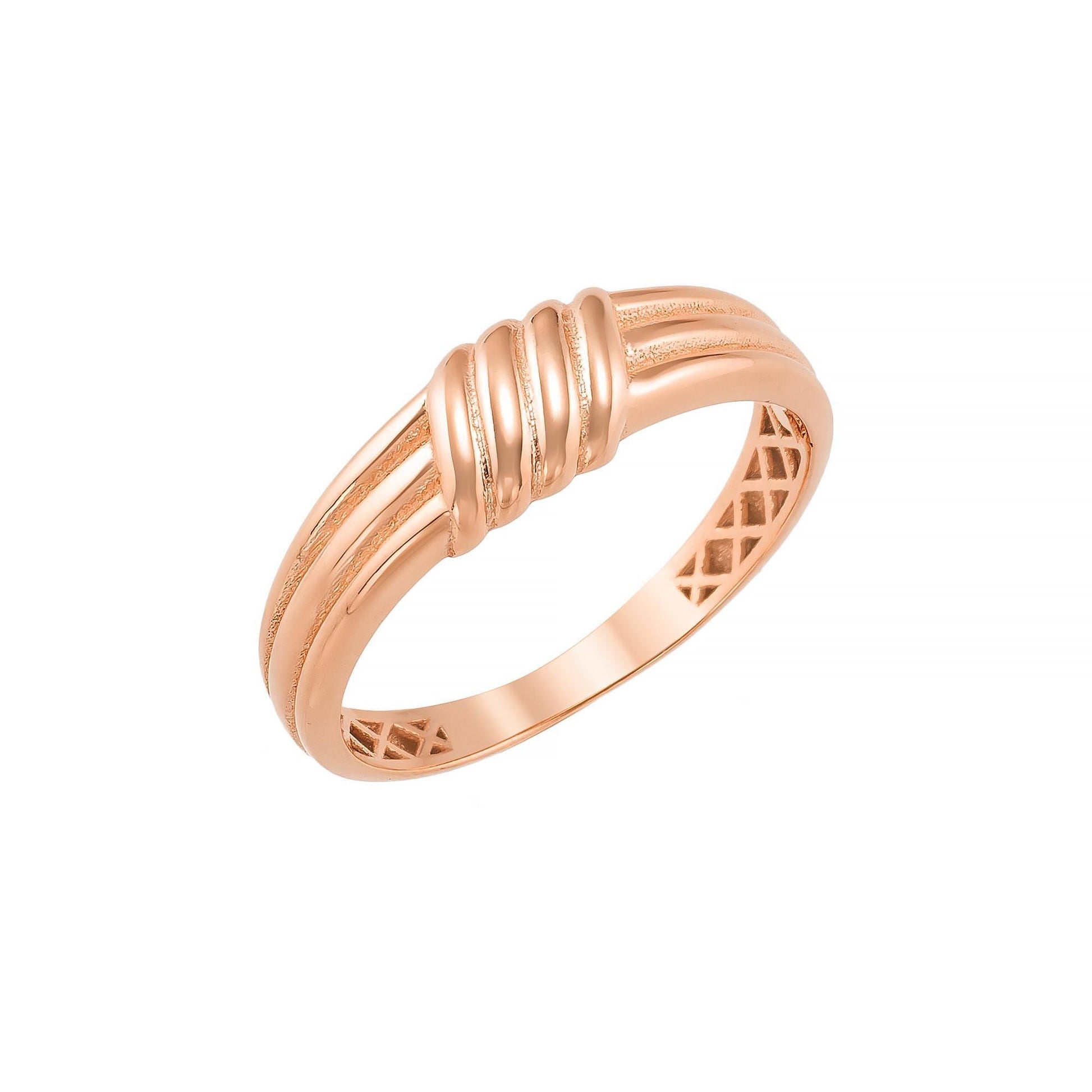 A gold ring with a twisted design.