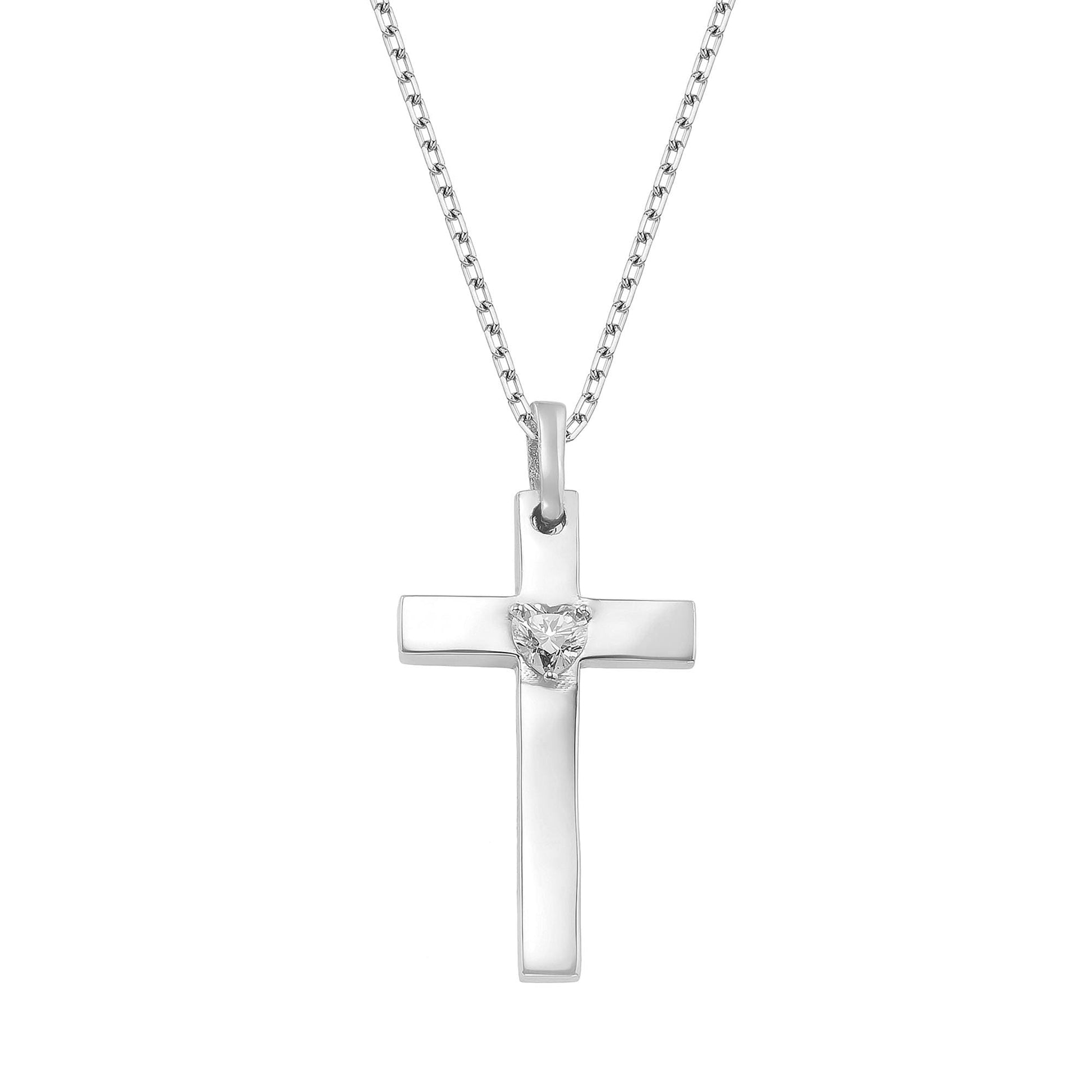 A silver cross pendant with a small diamond in the center.