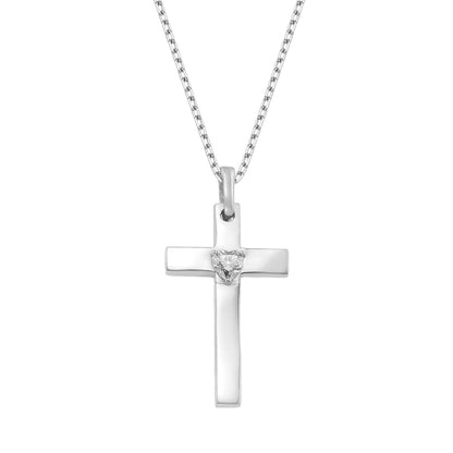 A silver cross pendant with a small diamond in the center.