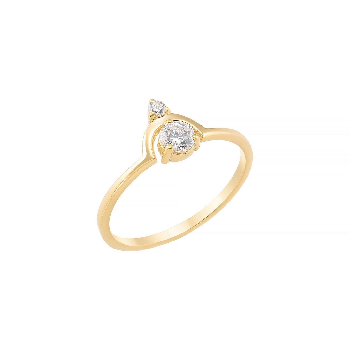 A gold ring with a large central diamond and two smaller diamonds on either side.