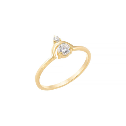 A gold ring with a large central diamond and two smaller diamonds on either side.