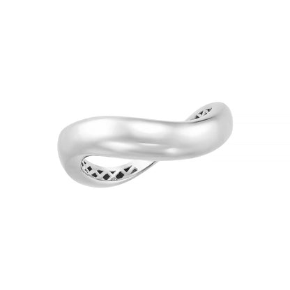 A silver ring with a unique, curved design.