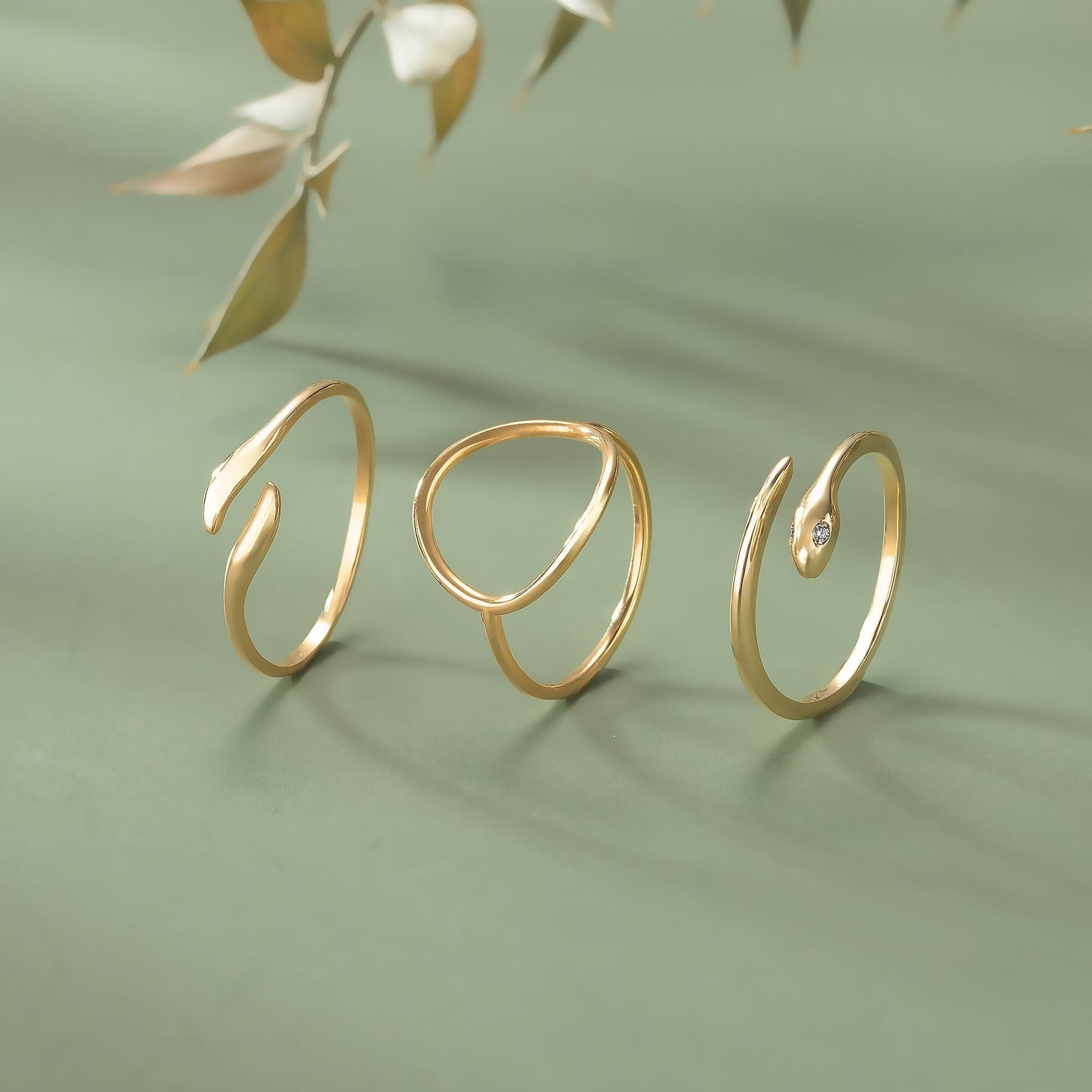Three gold rings with unique designs are displayed on a green background, with a branch of leaves in the background.