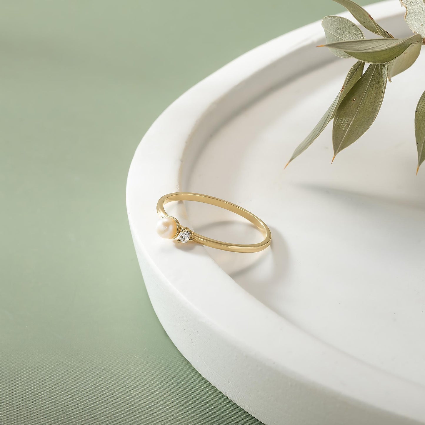14K Solid Gold Pearl Ring with Tiny Diamond Accent, Dainty Minimalist Stacking Jewelry