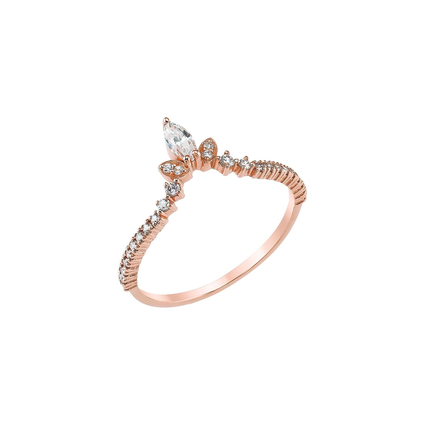 A rose gold ring with a large central diamond and smaller diamonds arranged in a decorative pattern around the band.