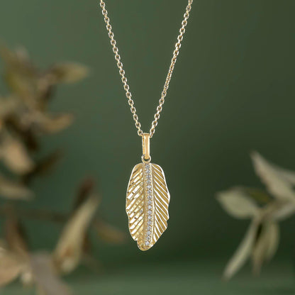 14K Solid Gold Feather Pendant, Dainty Nature Bohemian Charm, Minimalist Layering Necklace