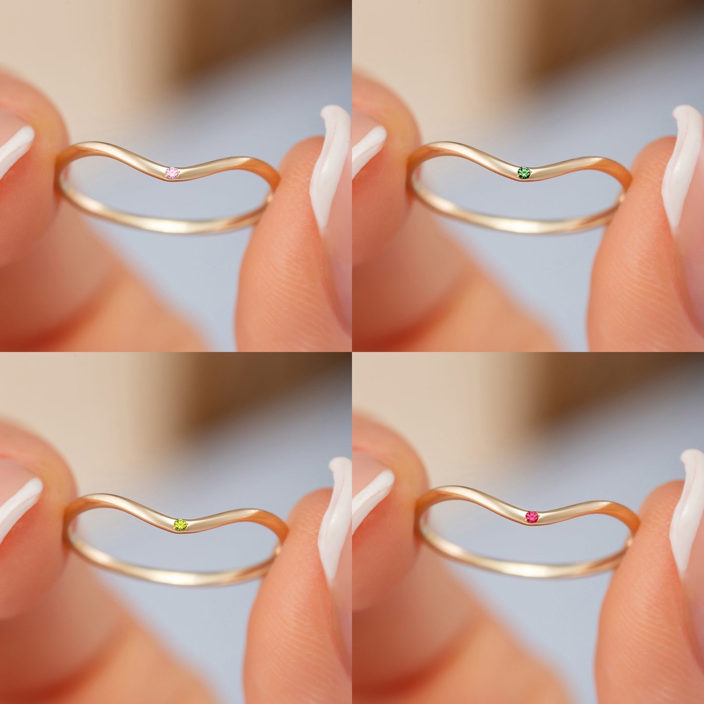 Curved Chevron Birthstone Solid Gold Ring
