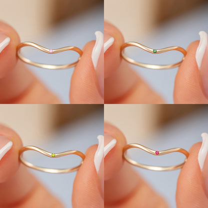 Curved Chevron Birthstone Solid Gold Ring