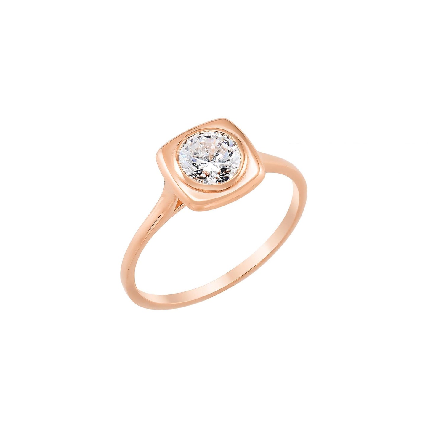 A rose gold ring with a large, clear diamond set in the center.